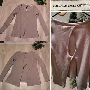 American Eagle Outfitters Gray Ribbed Long Sleeve Sweater Keyhole Open Back, Med